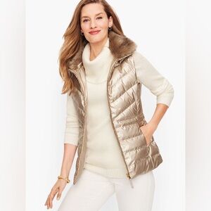 Talbots Faux Fur Collar Down Puffer Vest Metallic Sz M Petite NWT Classiccore